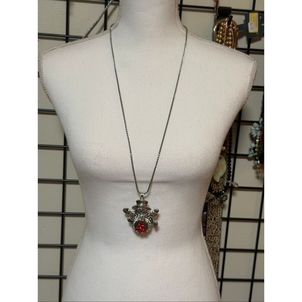 Snowman Pendant Necklace | Holiday Christmas Jewelry with Red Tree Accent